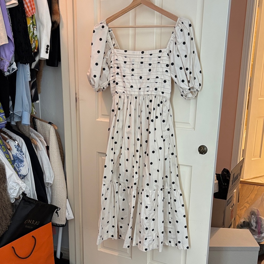 Abercrombie and Fitch Emerson Puff Sleeve Midi Dress - White with Black Dots SP - Picture 3 of 4